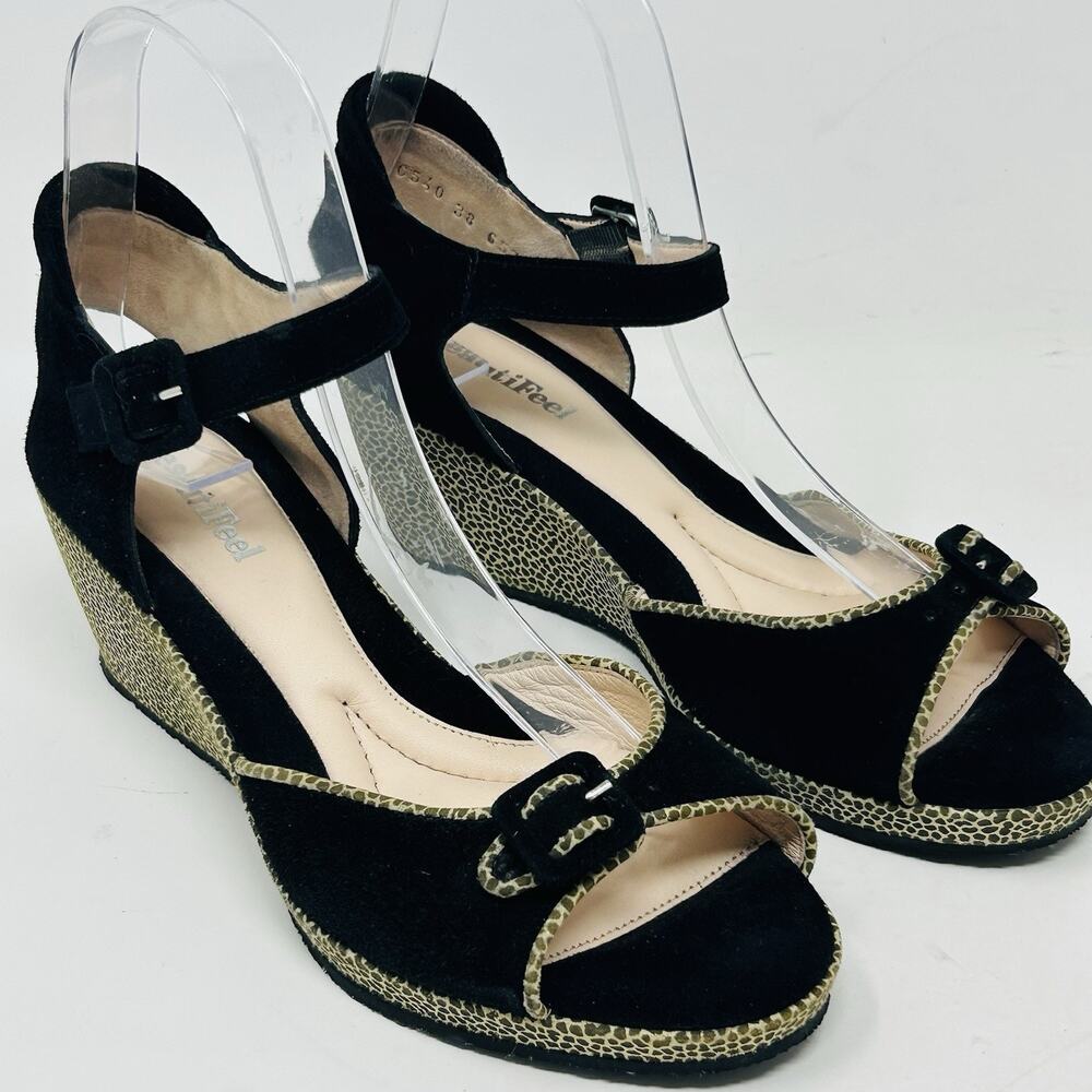 Beautifeel Sandals Black Size 38 Suede Ankle Strap Giraffe Print Wedge Heel